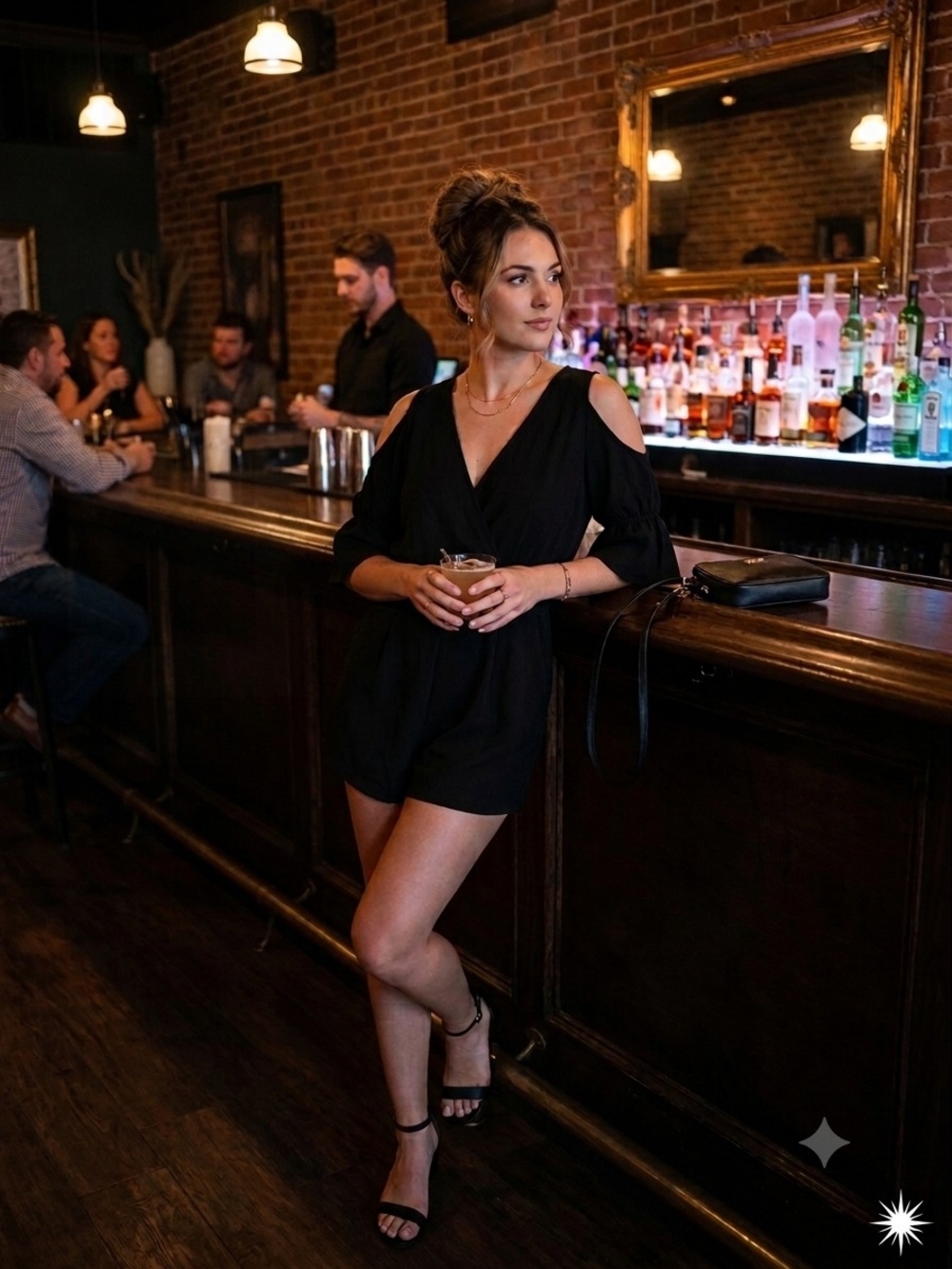 Women’s Black Cold-Shoulder Wrap Romper Dress